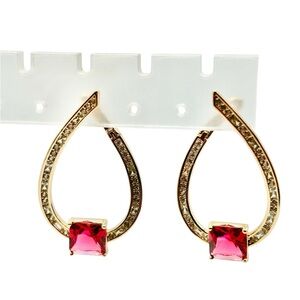 18K Gold Plated Teardrop Earrings with Pink Gemstones and Crystal Accents-New!